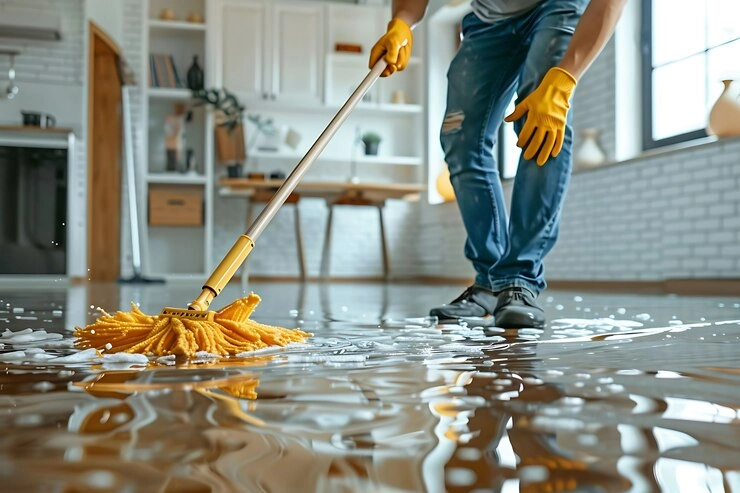 cleaning professional mopping flooded floor in an office