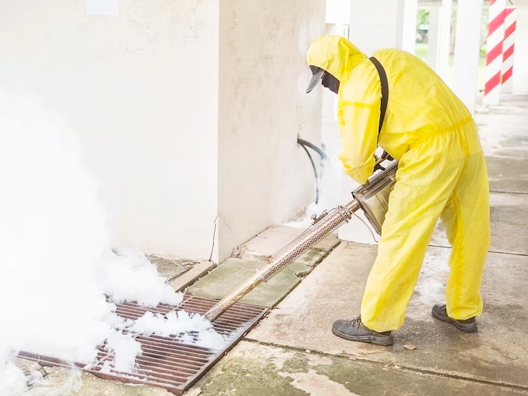 man using a fogging machine for sanitization outdoors