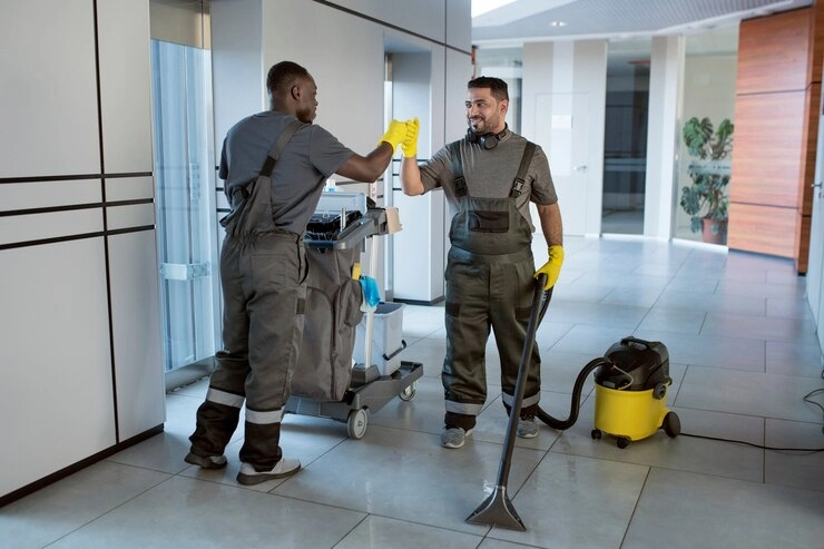 professional cleaners high-fiving in office after completing cleaning task.